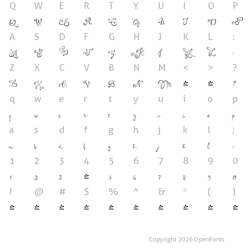 Character Map of FONTSPRING DEMO - Tita Script Alt Regular