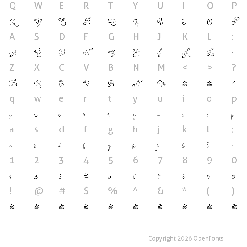 Character Map of FONTSPRING DEMO - Tita Script Essential Regular