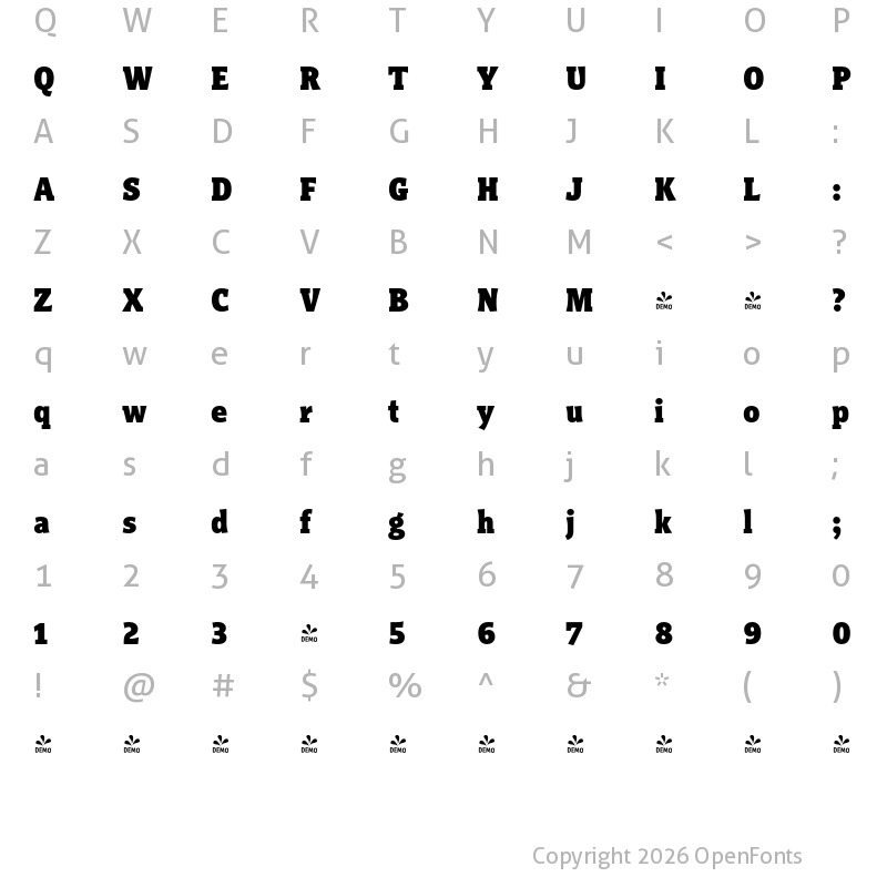 Character Map of FONTSPRING DEMO - Titla Brus Cond Black Regular