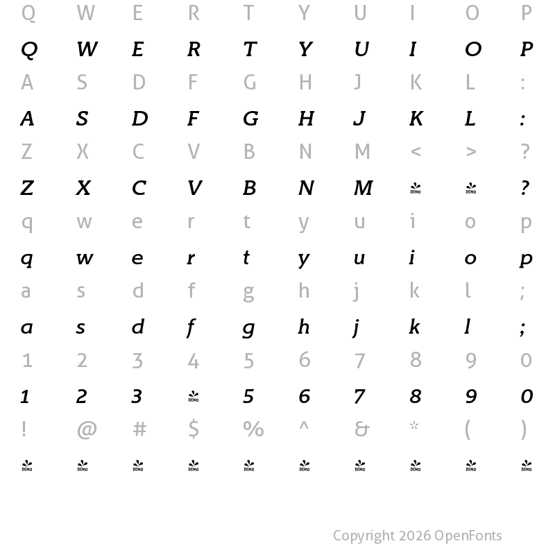 Character Map of FONTSPRING DEMO - Titla Brus Medium Italic