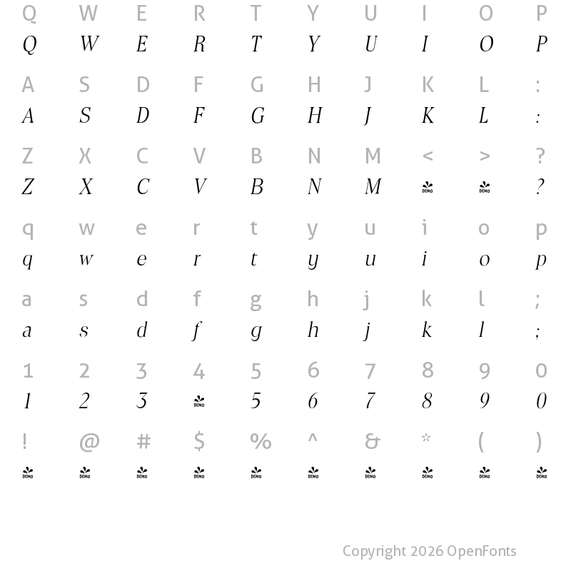 Character Map of FONTSPRING DEMO - Toledo Serial Light Italic