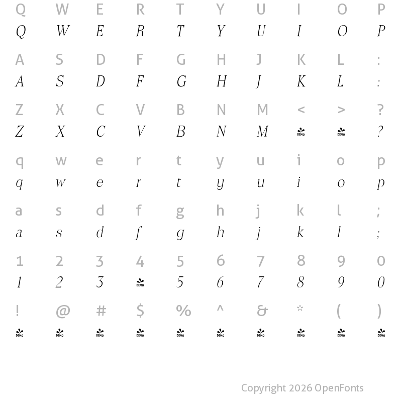 Character Map of FONTSPRING DEMO - Toledo Serial Xlight Italic