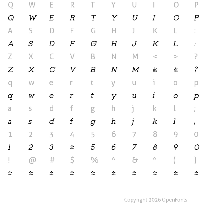 Character Map of FONTSPRING DEMO - Toma Slab Medium Italic