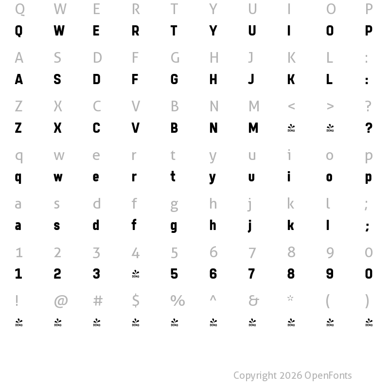 Character Map of FONTSPRING DEMO - Tomkin Narrow ExtraBold Regular