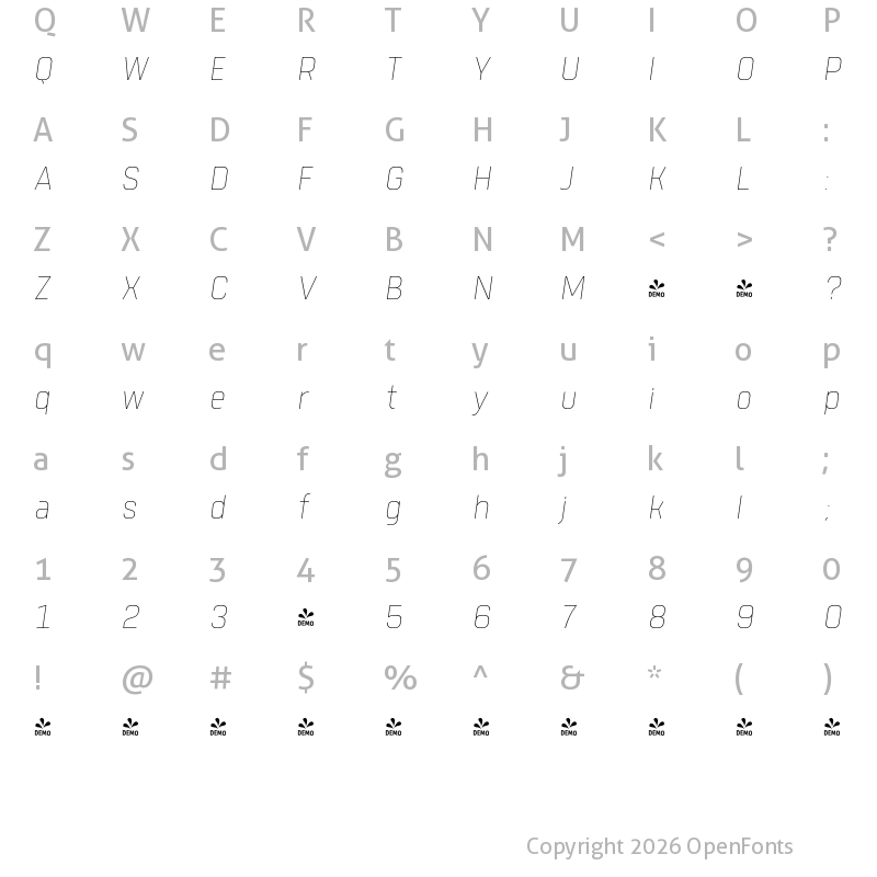 Character Map of FONTSPRING DEMO - Tomkin Narrow Thin Italic