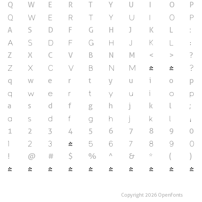 Character Map of FONTSPRING DEMO - Toriga ExtraLight Regular