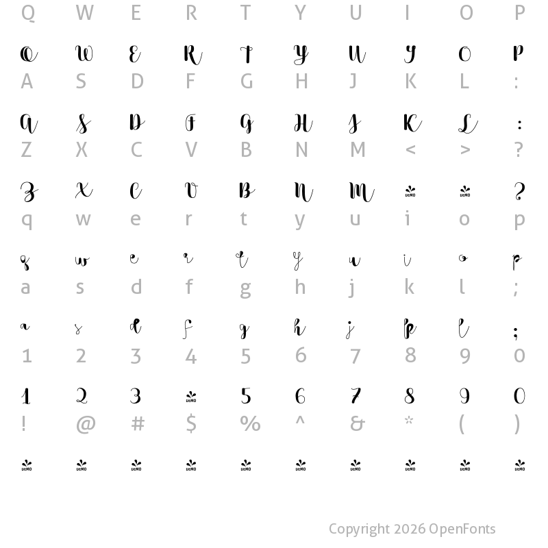 Character Map of FONTSPRING DEMO - TouchMe Script Basic Alt Regular
