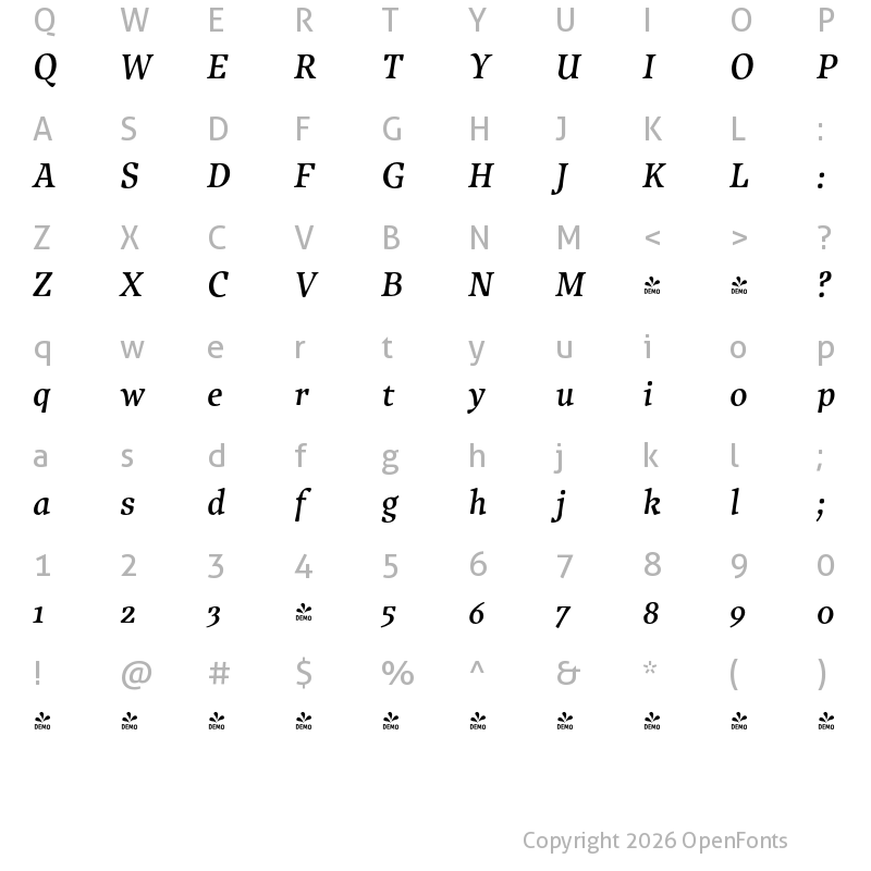 Character Map of FONTSPRING DEMO - Traction Medium Italic