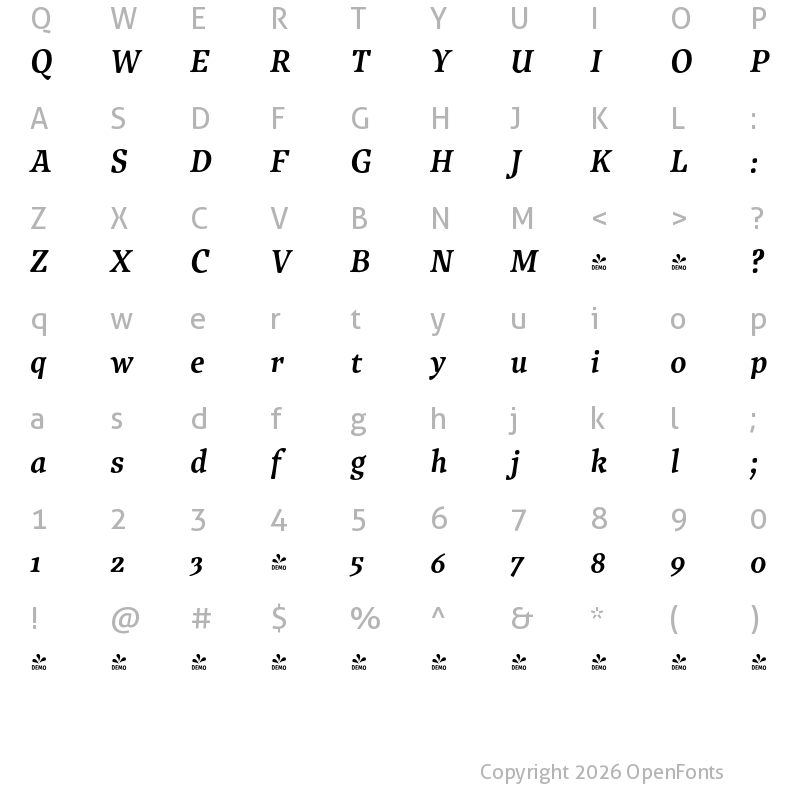 Character Map of FONTSPRING DEMO - Traction Semibold Italic