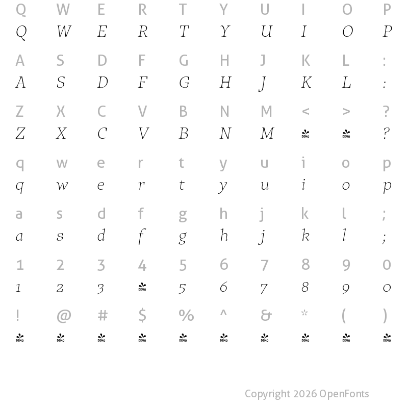 Character Map of FONTSPRING DEMO - Traction Thin Italic
