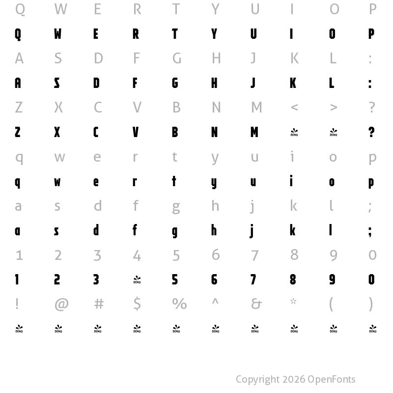 Character Map of FONTSPRING DEMO - Tradesman ExCond Black Regular