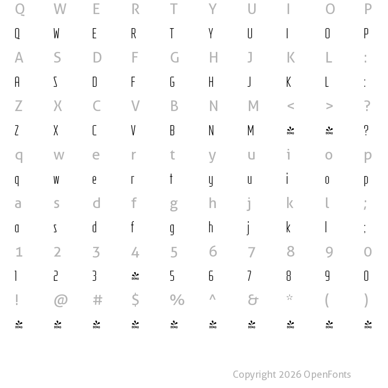 Character Map of FONTSPRING DEMO - Tradesman ExCond Light Regular