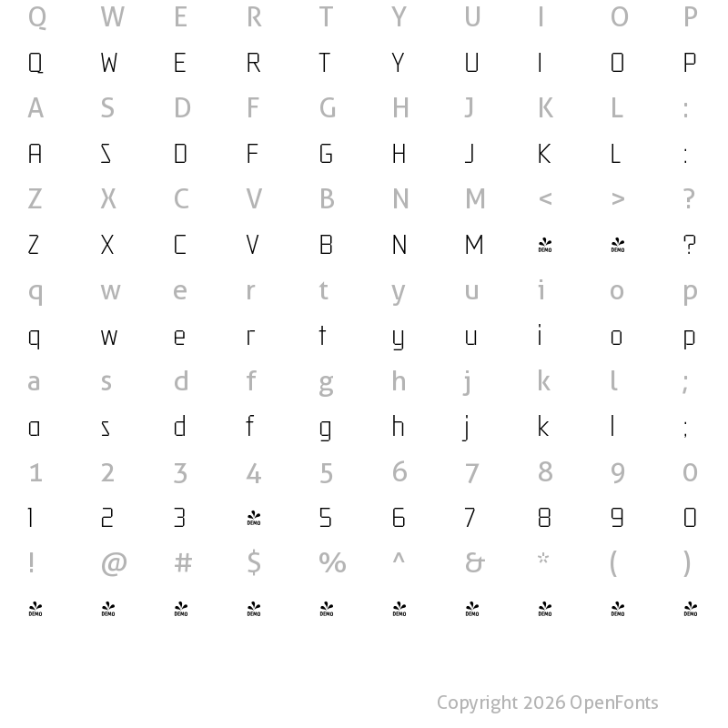 Character Map of FONTSPRING DEMO - Tradesman Light Regular