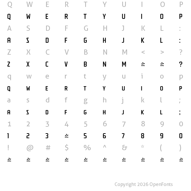 Character Map of FONTSPRING DEMO - Tradesman SC Cond Regular