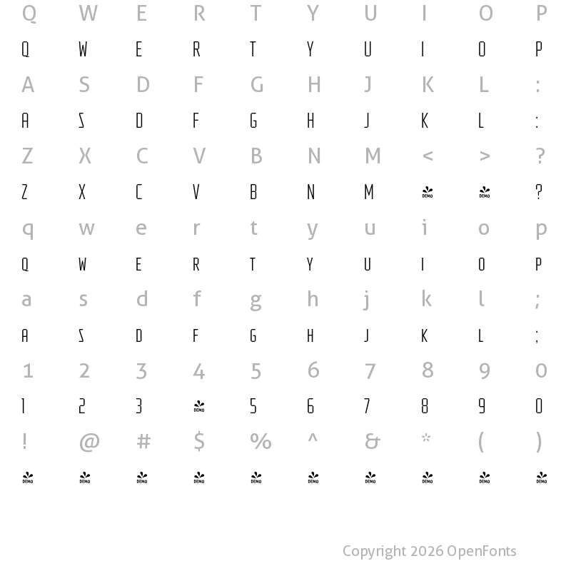Character Map of FONTSPRING DEMO - Tradesman SC ExCond Light Regular
