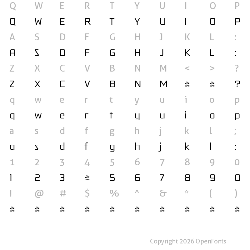 Character Map of FONTSPRING DEMO - Tradesman Wide Book Regular