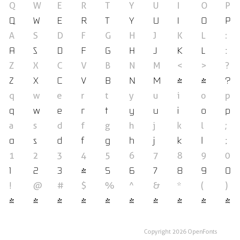 Character Map of FONTSPRING DEMO - Tradesman Wide Light Regular