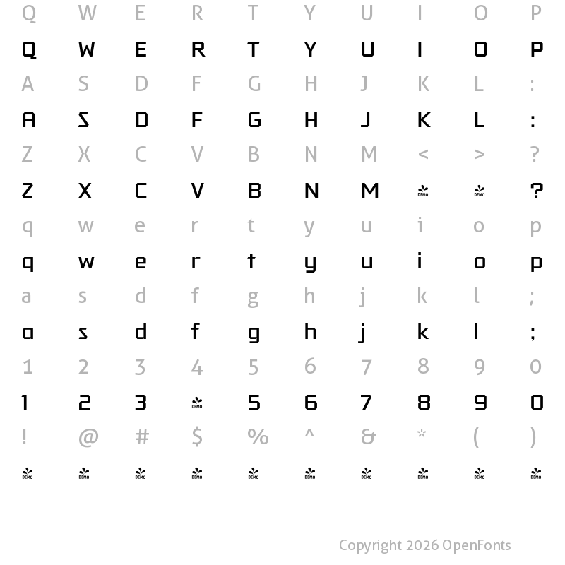 Character Map of FONTSPRING DEMO - Tradesman Wide Regular