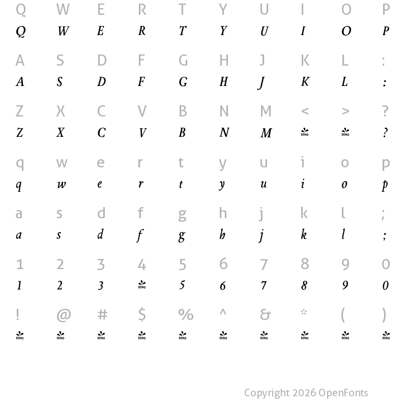 Character Map of FONTSPRING DEMO - Tranquility JY Pro Bold Italic