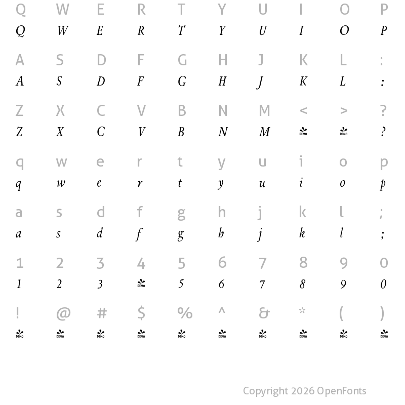 Character Map of FONTSPRING DEMO - Tranquility JY Pro Demi DemiBold Italic