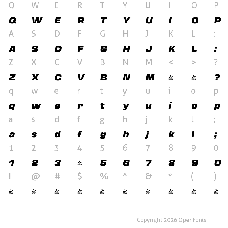 Character Map of FONTSPRING DEMO - Transducer Black Italic Regular