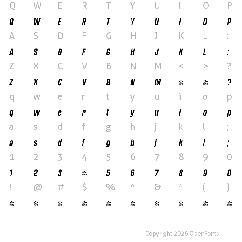 Character Map of FONTSPRING DEMO - Transducer Condensed Bold Italic Regular