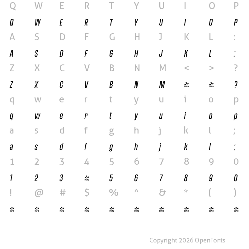 Character Map of FONTSPRING DEMO - Transducer Condensed Medium Italic Regular