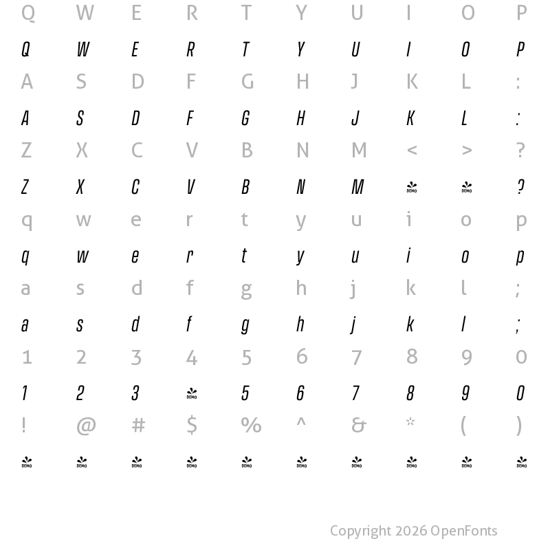 Character Map of FONTSPRING DEMO - Transducer Condensed Regular Italic Regular