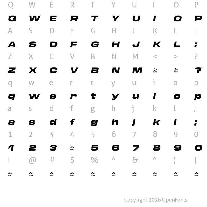 Character Map of FONTSPRING DEMO - Transducer Extended Black Italic Regular