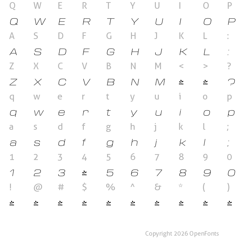 Character Map of FONTSPRING DEMO - Transducer Extended Hairline Italic Regular