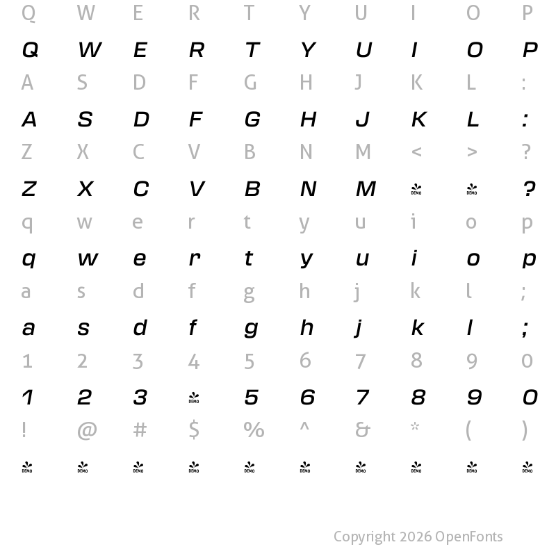 Character Map of FONTSPRING DEMO - Transducer Medium Italic Regular