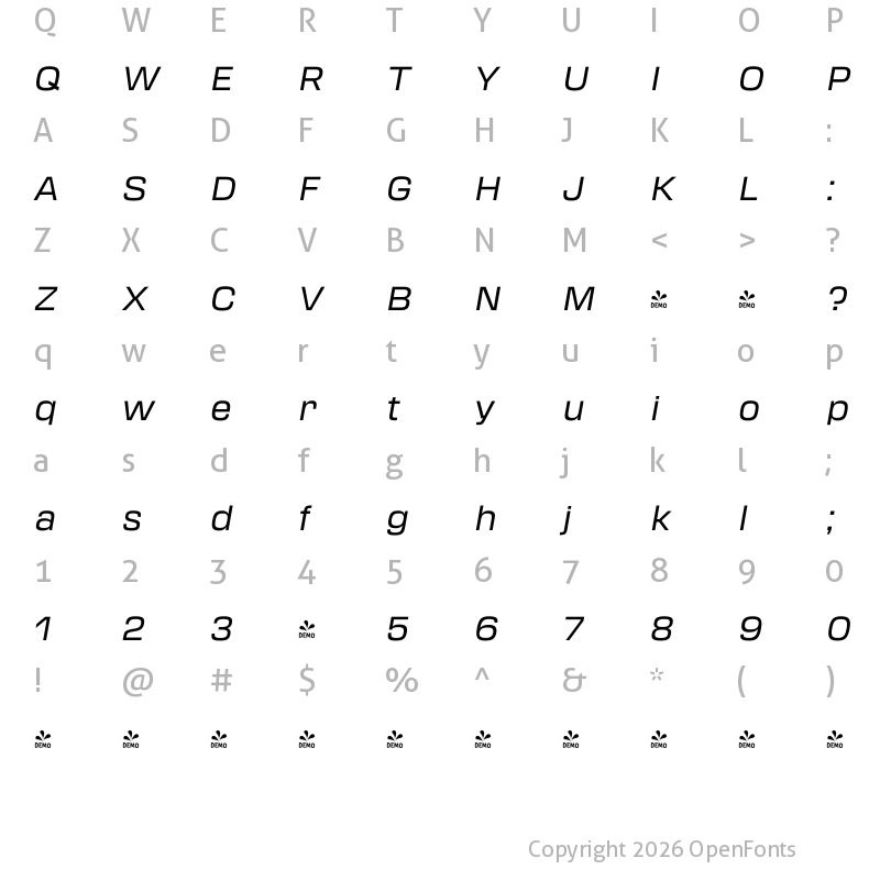 Character Map of FONTSPRING DEMO - Transducer Regular Italic Regular