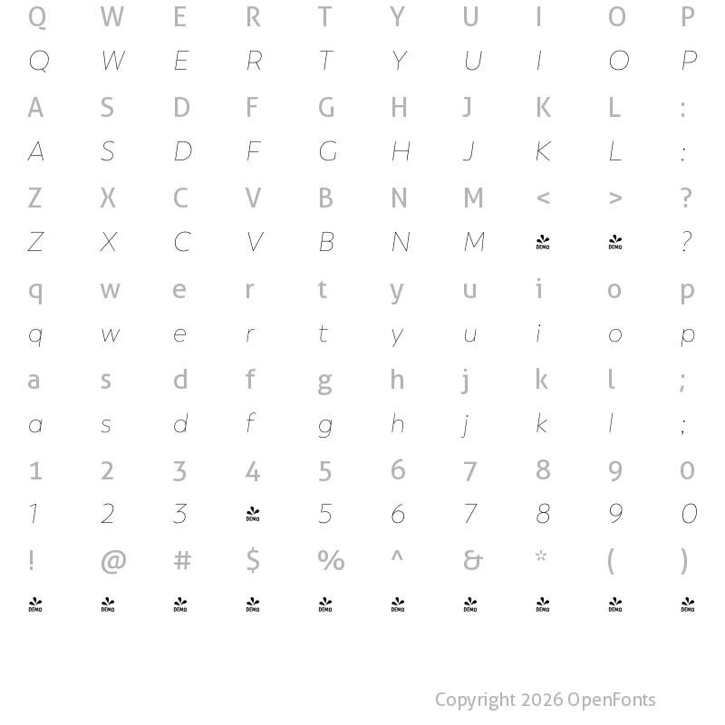 Character Map of FONTSPRING DEMO - Trenda Thin It Regular