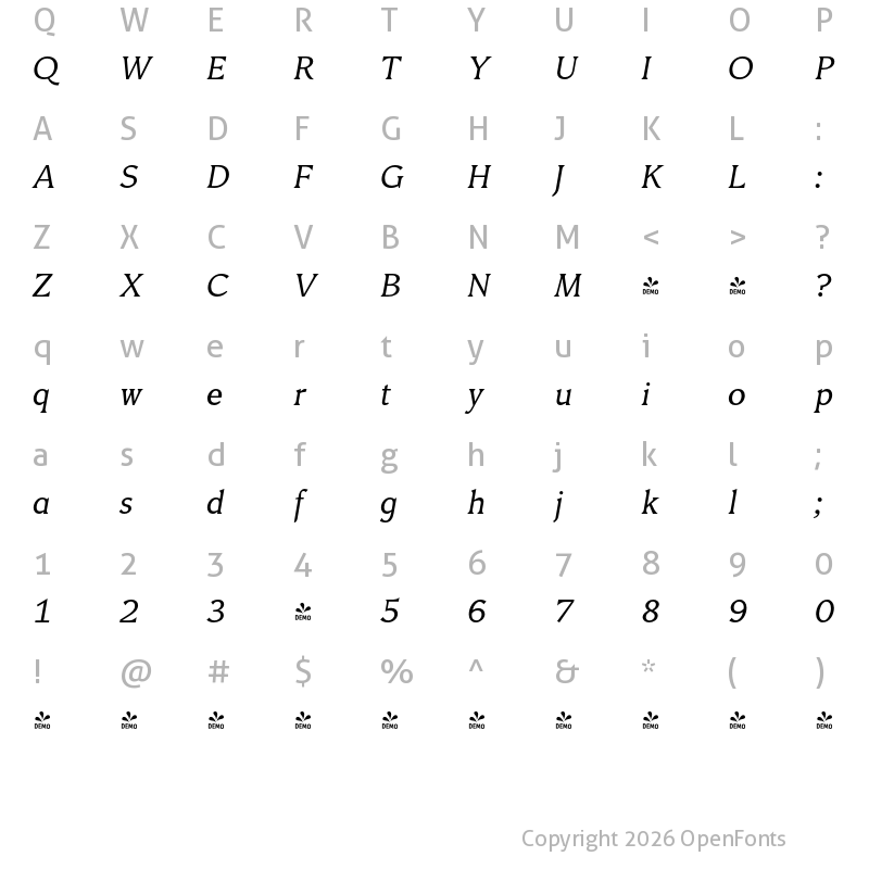 Character Map of FONTSPRING DEMO - Triangle Li Italic