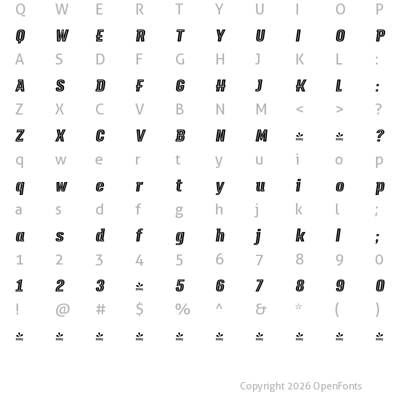 Character Map of FONTSPRING DEMO - Triump Black Inline Italic Regular