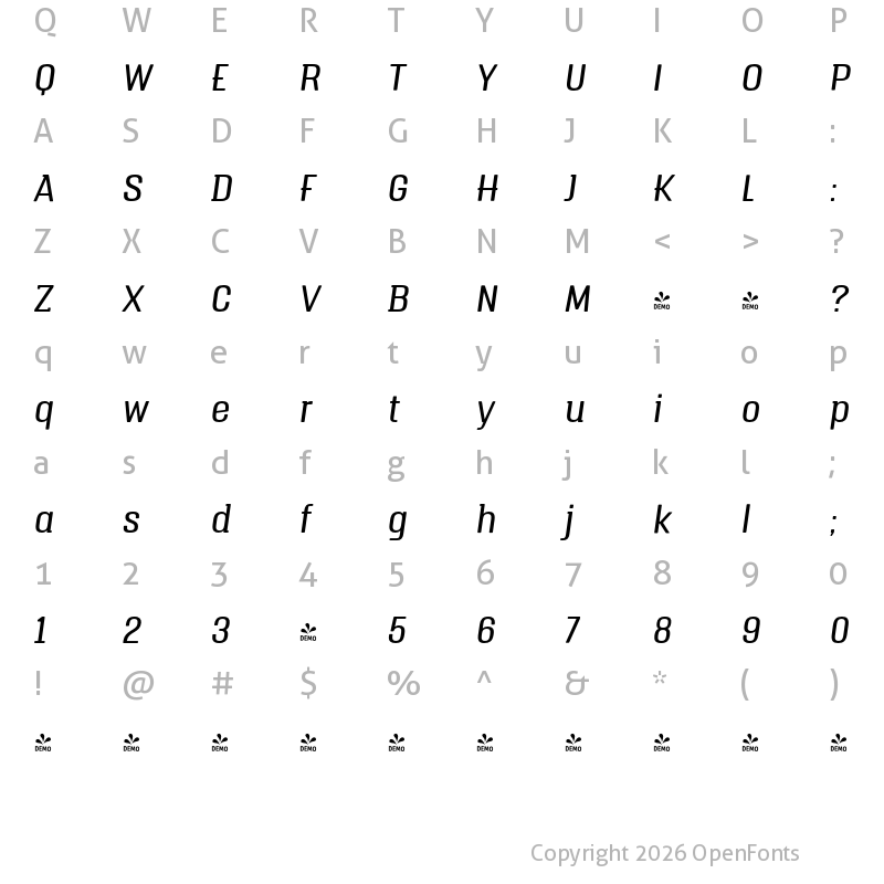 Character Map of FONTSPRING DEMO - Triump Light Italic Regular