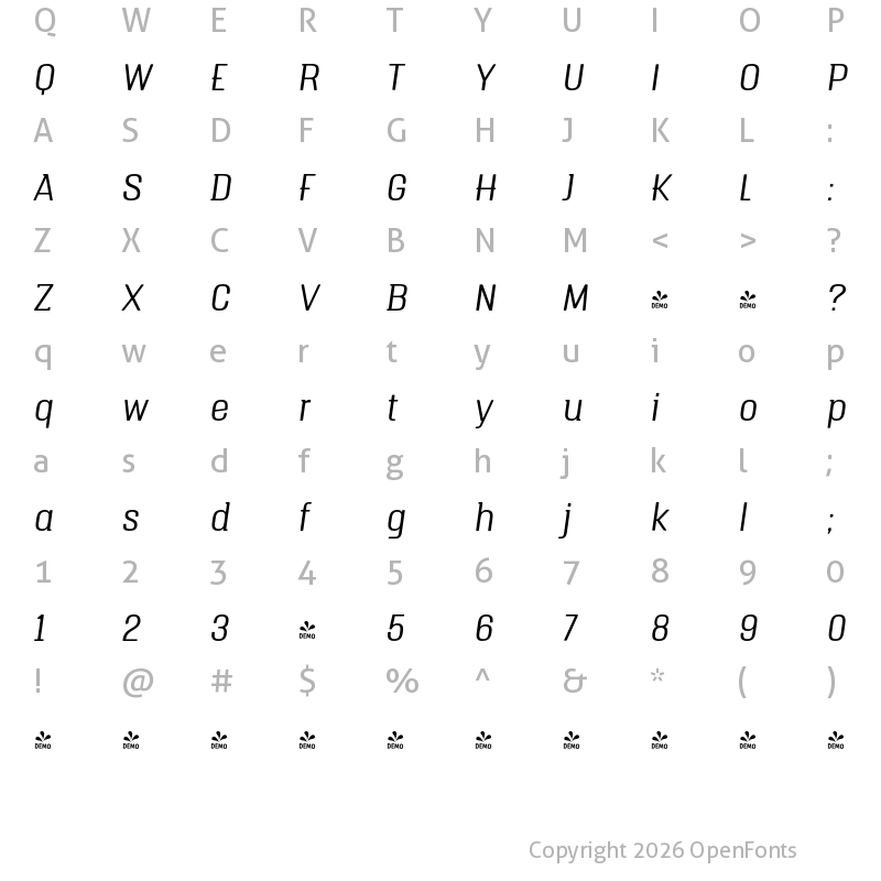 Character Map of FONTSPRING DEMO - Triump Thin Italic Regular
