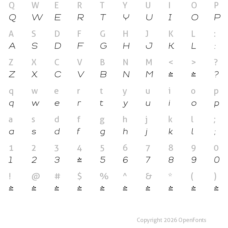 Character Map of FONTSPRING DEMO - Troia Light Italic Regular