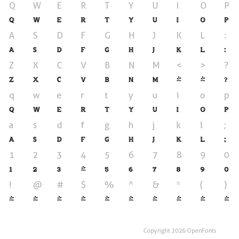 Character Map of FONTSPRING DEMO - truens two dot inline shadow Regular