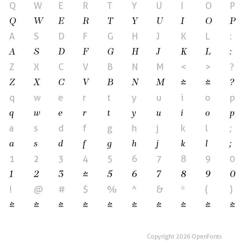 Character Map of FONTSPRING DEMO - TT Barrels Italic