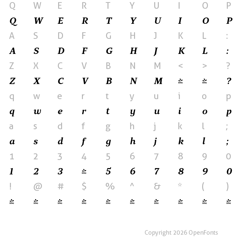 Character Map of FONTSPRING DEMO - TT Bells Bold Italic