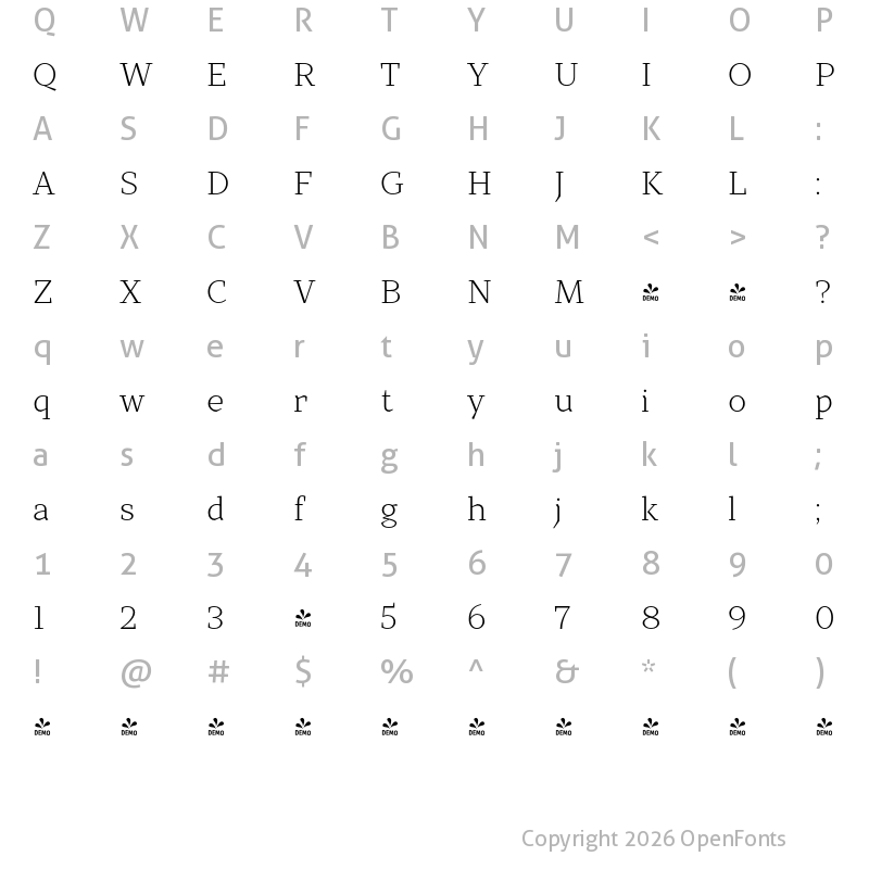 Character Map of FONTSPRING DEMO - TT Bells Thin Bold