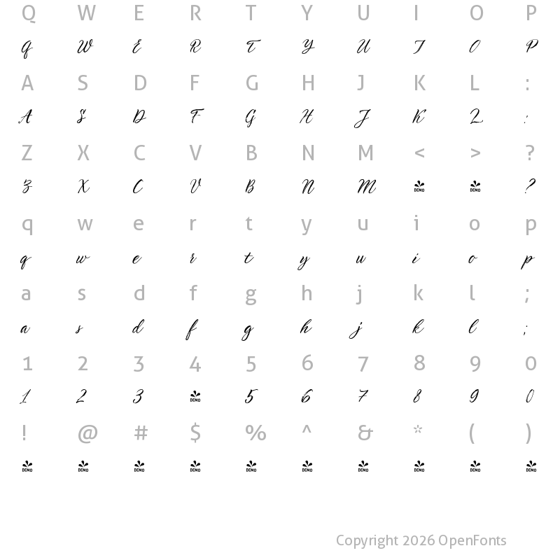 Character Map of FONTSPRING DEMO - TT Berlinerins Script