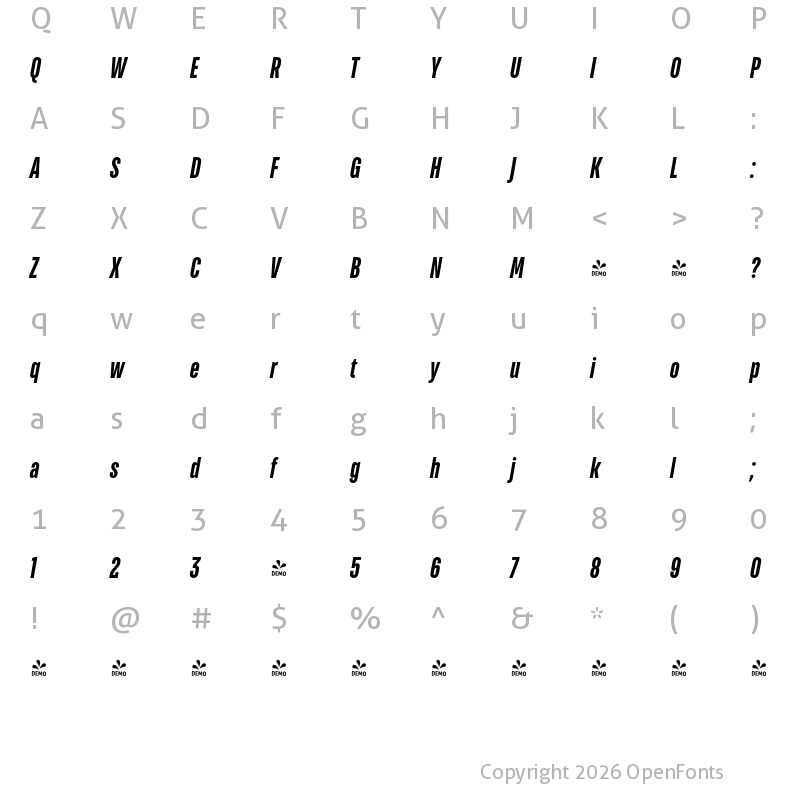 Character Map of FONTSPRING DEMO - TT Bluescreens Bold Italic