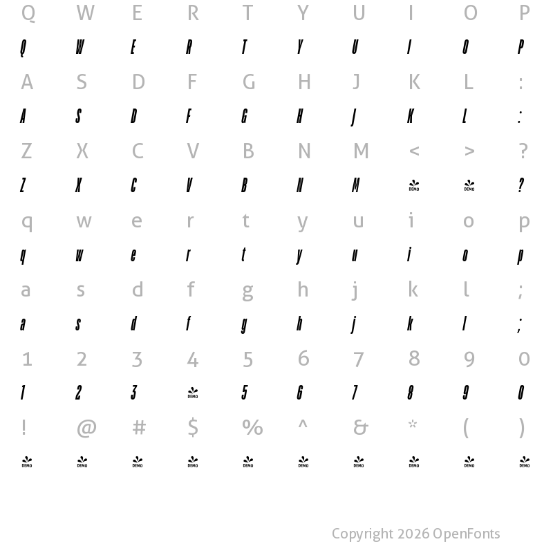 Character Map of FONTSPRING DEMO - TT Bluescreens Cond Bold Italic
