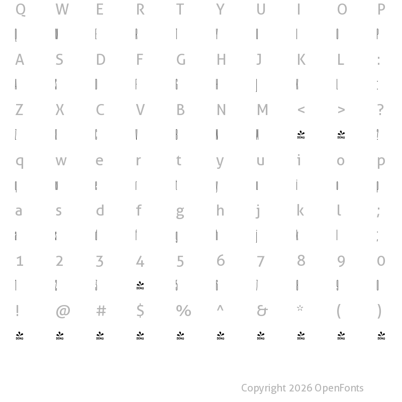 Character Map of FONTSPRING DEMO - TT Bluescreens Cond Thin Regular