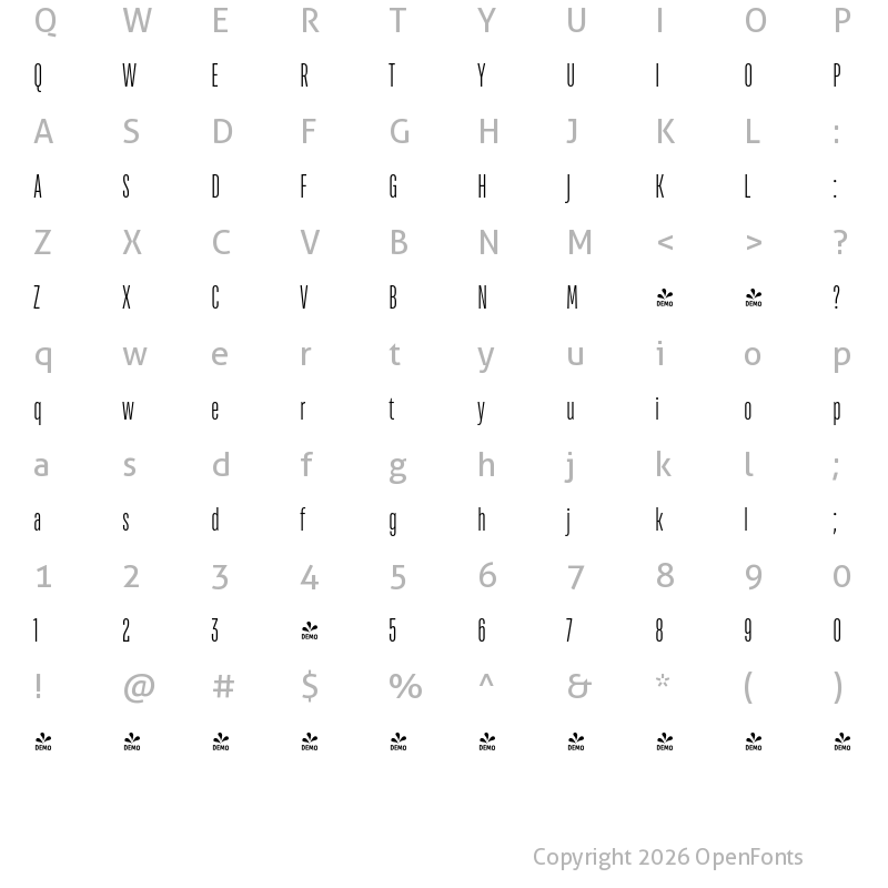 Character Map of FONTSPRING DEMO - TT Bluescreens Light Regular