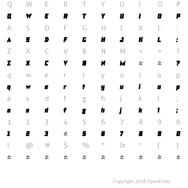 Character Map of FONTSPRING DEMO - TT Bricks Extrabold Bold Italic
