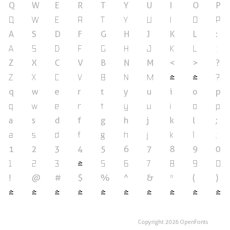 Character Map of FONTSPRING DEMO - TT Bricks Hairline Bold