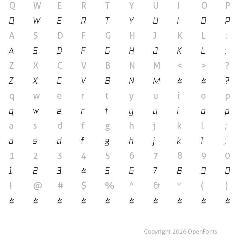 Character Map of FONTSPRING DEMO - TT Bricks Italic